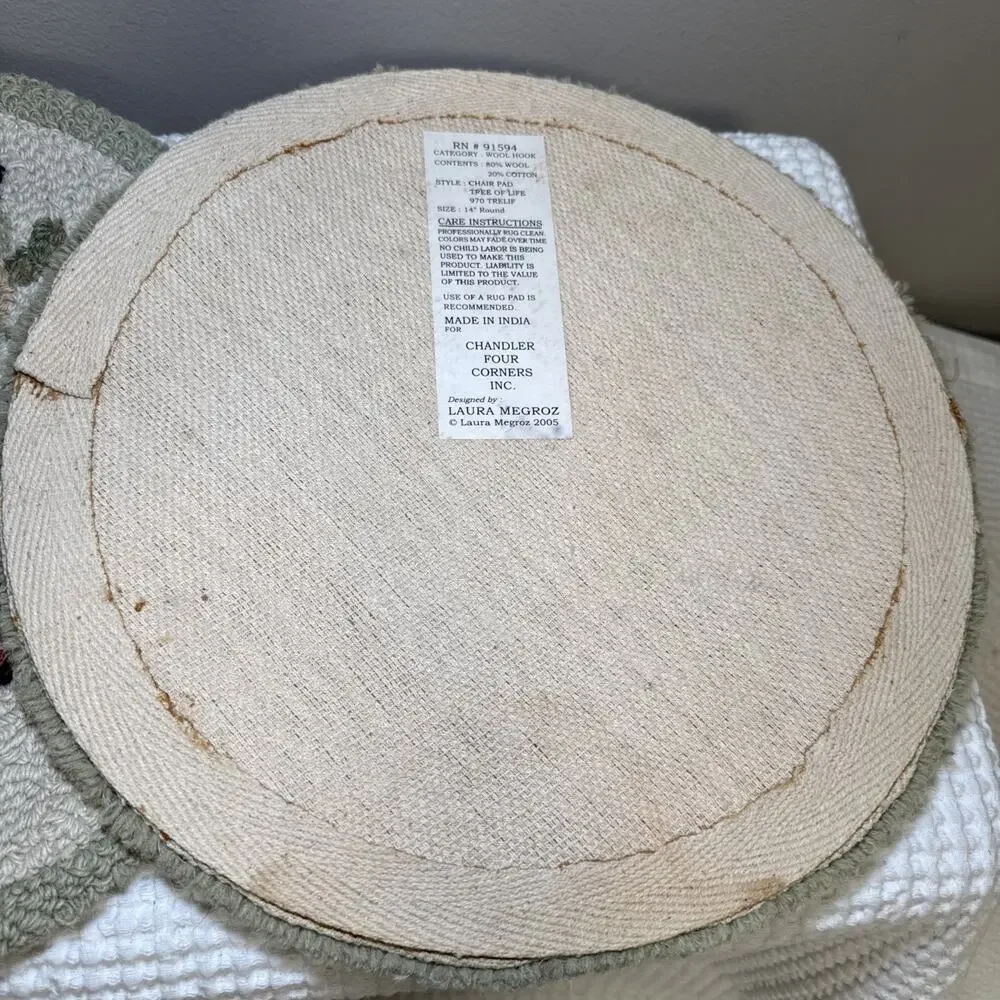Chandler Four Corners Tree of Life Wool Hooked Chair Pads Set of 2 14” Round Vtg